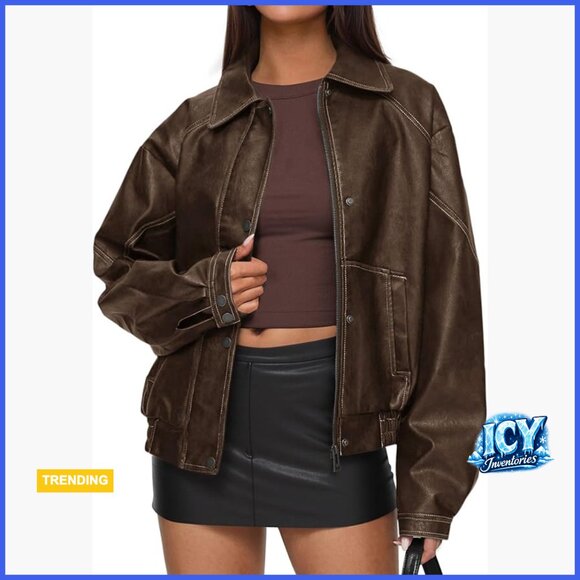 Jackets & Blazers - Faux Leather Bomber Jacket Women Oversized Motorcycle Zip Up